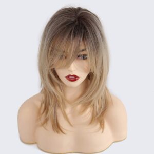 HAIRCUBE Blonde Wigs Shoulder Length Layered Wigs Long Curly Wigs for Women 18 Inch Wigs with Bangs