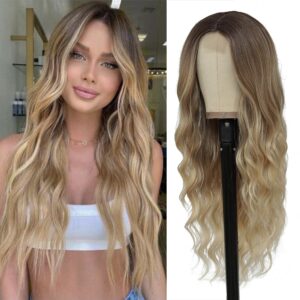 hmhifi long ombre blonde wigs for women 26 inch long wavy middle part wig ombre blonde wigs upgraded protein fiber hair replacement wig cosplay costume halloween wig(26'' brown ombre blonde)