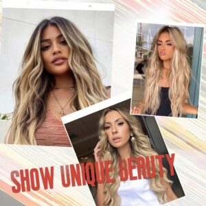 HMHIFI Long Ombre Blonde Wigs for Women 26 inch Long Wavy Middle Part Wig Ombre Blonde Wigs Upgraded Protein Fiber Hair Replacement Wig Cosplay Costume Halloween Wig(26'' Brown Ombre Blonde)