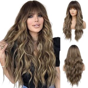 HAIRCUBE Brown with Blonde Highlight Wig Long Curly Wig with Bangs Brown wig Natural Appearance Heat-Resistant Synthetic Wig Suitable for Fashionable Women