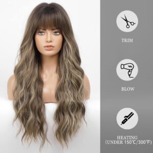 HAIRCUBE Brown with Blonde Highlight Wig Long Curly Wig with Bangs Brown wig Natural Appearance Heat-Resistant Synthetic Wig Suitable for Fashionable Women