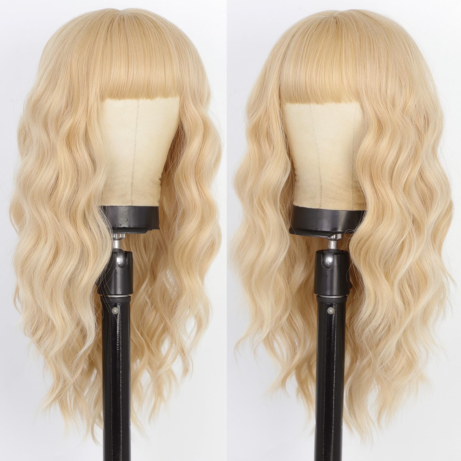 XIXIBI Blonde Wigs for Women Blonde Wig with Bangs Long Wavy Curly Wigs Natural Looking Synthetic Heat Resistant Fiber Wig for Daily Party Use (20 inch)