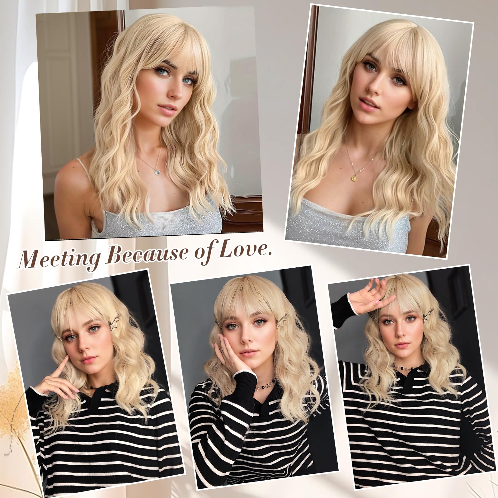 XIXIBI Blonde Wigs for Women Blonde Wig with Bangs Long Wavy Curly Wigs Natural Looking Synthetic Heat Resistant Fiber Wig for Daily Party Use (20 inch)