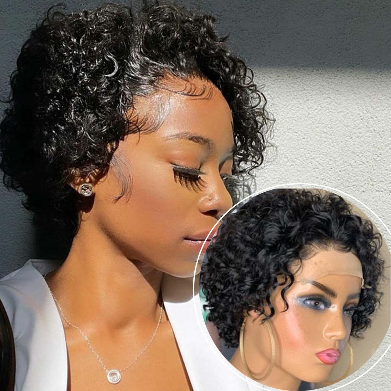 INSTASTYLE Short Curly Pixie Cut Lace Front Wigs 6 inch, 13X1 Human Hair HD Lace Front Wigs Plucked for Black Women 6 Inch, Natural Black