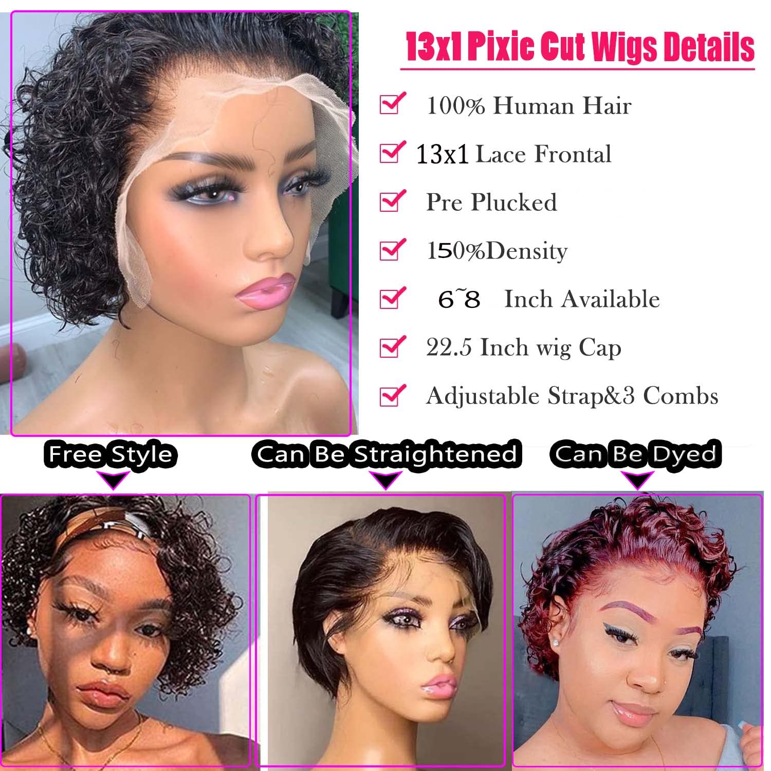 INSTASTYLE Short Curly Pixie Cut Lace Front Wigs 6 inch, 13X1 Human Hair HD Lace Front Wigs Plucked for Black Women 6 Inch, Natural Black