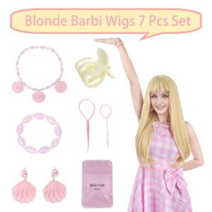 MUPUL Long Straight Wig With Bangs Blonde Barbie Wig Adult Halloween Costume Wigs For Women