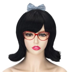 Coraline Flip Out Wig Black 50s and 60s Women Short Bob Halloween Hair Bow and Red Glasses Synthetic Bang Wig