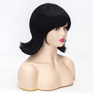 Coraline Flip Out Wig Black 50s and 60s Women Short Bob Halloween Hair Bow and Red Glasses Synthetic Bang Wig