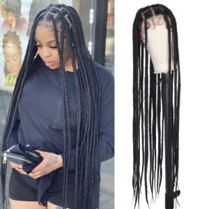 Alebery 42 inch HD Full Lace Front Knotless Box Braided Wigs for Black Women Full Lace Frontal Box Braids Wigs with Baby Hair Lightweight Synthetic Black Cornrow Fully Handmade Braided Wig