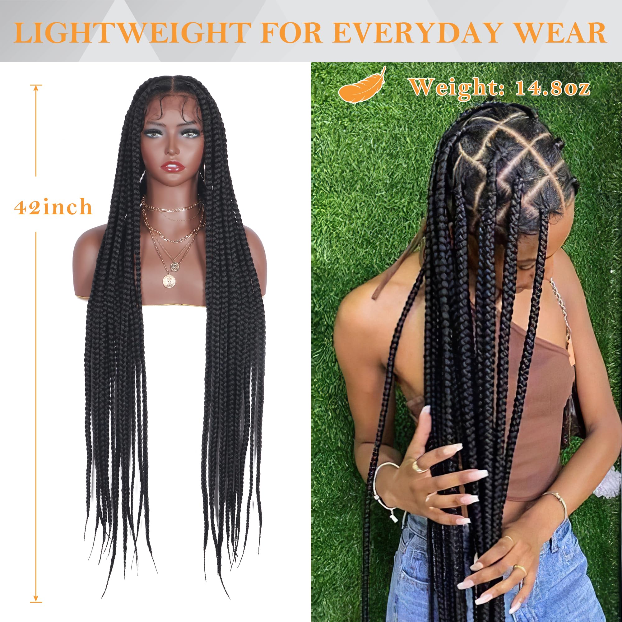 Alebery 42 inch HD Full Lace Front Knotless Box Braided Wigs for Black Women Full Lace Frontal Box Braids Wigs with Baby Hair Lightweight Synthetic Black Cornrow Fully Handmade Braided Wig