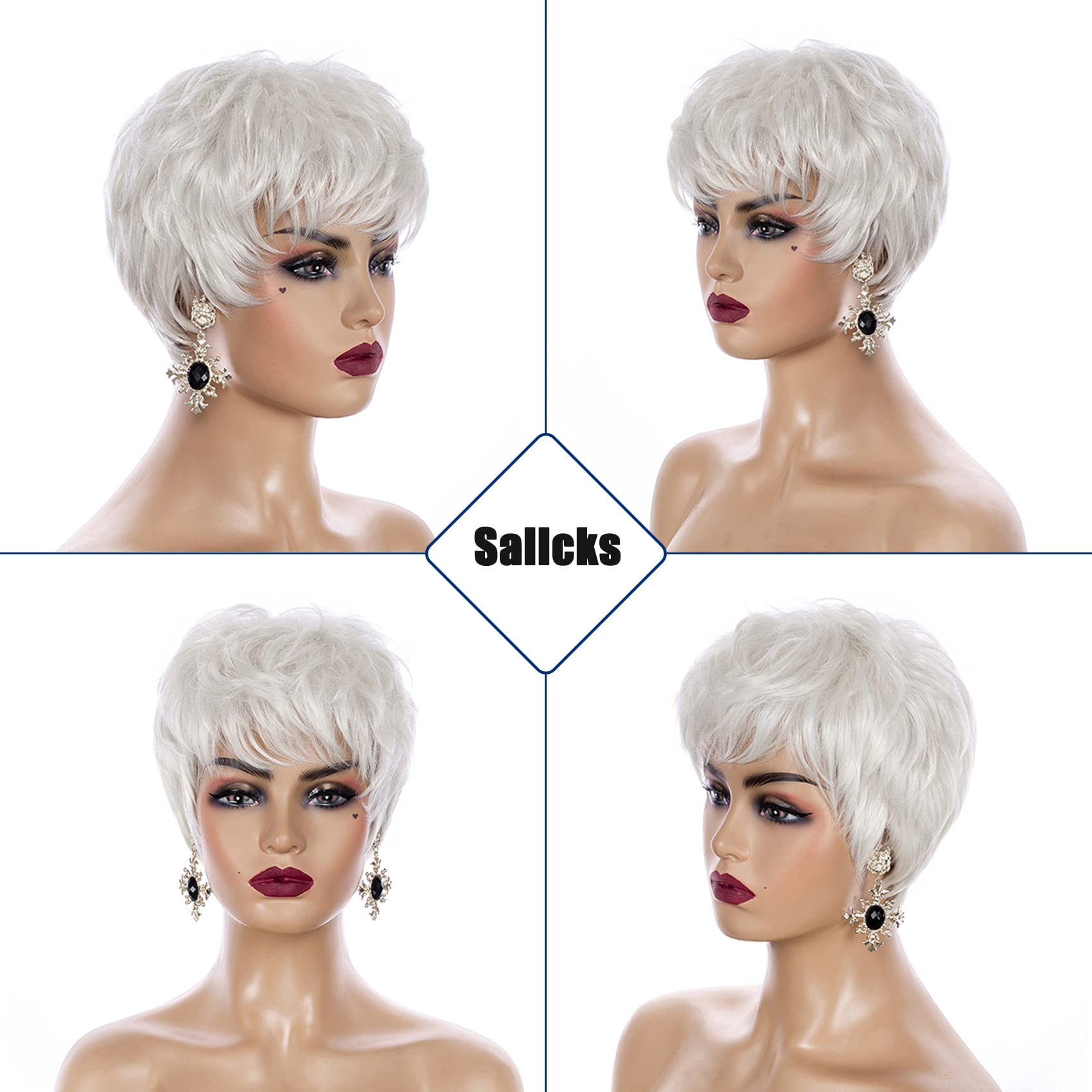 Sallcks Short White Pixie Wig for Women Layered Synthetic Heat Resistant Pixie Wig for Party Cosplay Use (White)