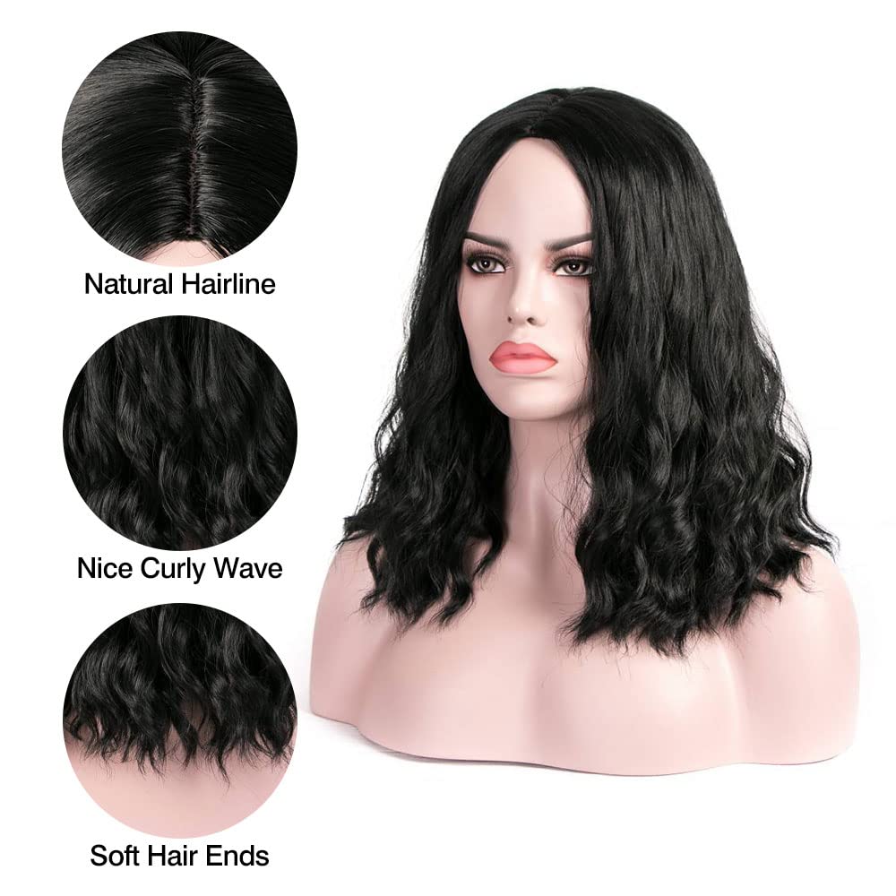 Rosa Star Short Wavy Black Wig, Short Black Bob Wigs for Women, Wavy Bob Wig Synthetic Natural Looking Heat Resistant Fiber Wigs