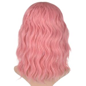 morvally Short Pink Wavy Bob Wig with Bangs for Women 16 Inches Natural Synthetic Hair Wavy Wigs