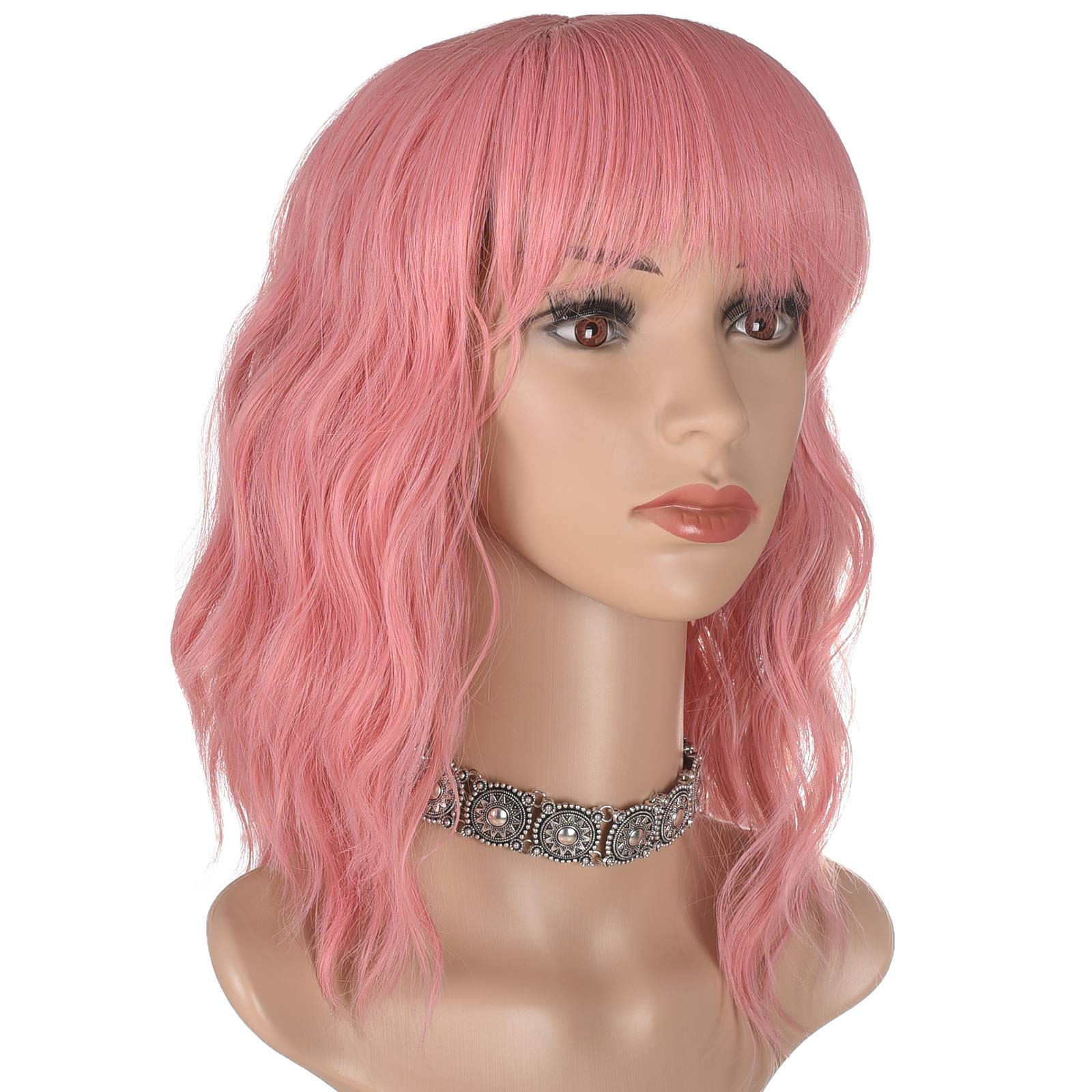 morvally Short Pink Wavy Bob Wig with Bangs for Women 16 Inches Natural Synthetic Hair Wavy Wigs