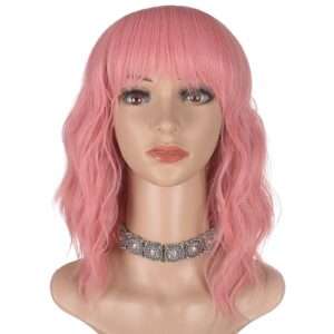 morvally Short Pink Wavy Bob Wig with Bangs for Women 16 Inches Natural Synthetic Hair Wavy Wigs