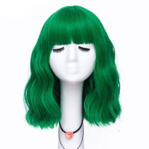 LABEAUTÉ Green Wig Short Bob Wavy Wig with Air Bangs for Women, St.Patrick's Day Wig Heat Resistance Shoulder Length Curled Wigs for Daily Use, Cosplay and Theme Parties- 14inch, Mint Green