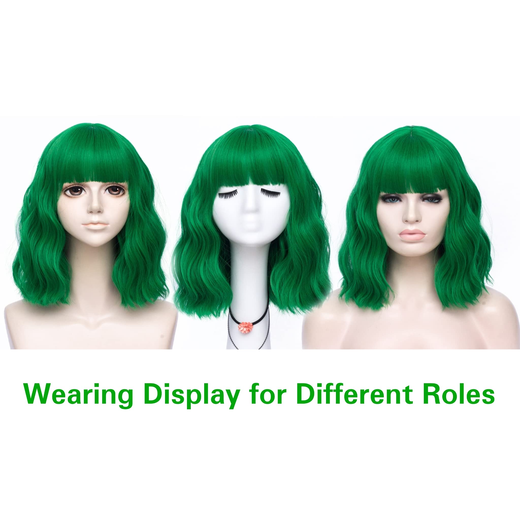 LABEAUTÉ Green Wig Short Bob Wavy Wig with Air Bangs for Women, St.Patrick's Day Wig Heat Resistance Shoulder Length Curled Wigs for Daily Use, Cosplay and Theme Parties- 14inch, Mint Green