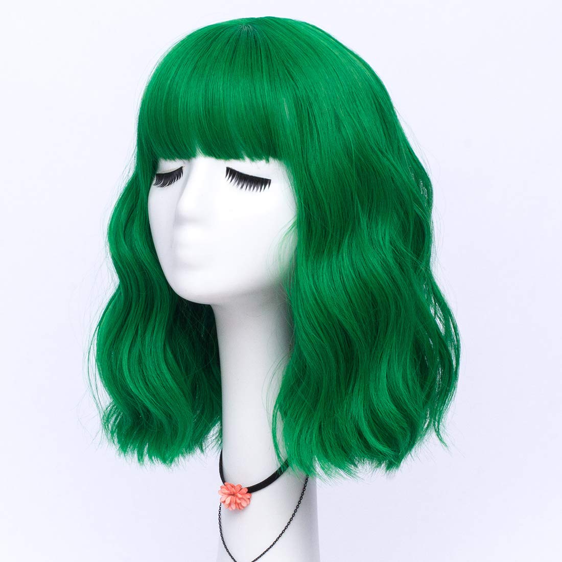 LABEAUTÉ Green Wig Short Bob Wavy Wig with Air Bangs for Women, St.Patrick's Day Wig Heat Resistance Shoulder Length Curled Wigs for Daily Use, Cosplay and Theme Parties- 14inch, Mint Green