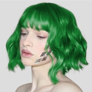 LABEAUTÉ Green Wig Short Bob Wavy Wig with Air Bangs for Women, St.Patrick's Day Wig Heat Resistance Shoulder Length Curled Wigs for Daily Use, Cosplay and Theme Parties- 14inch, Mint Green