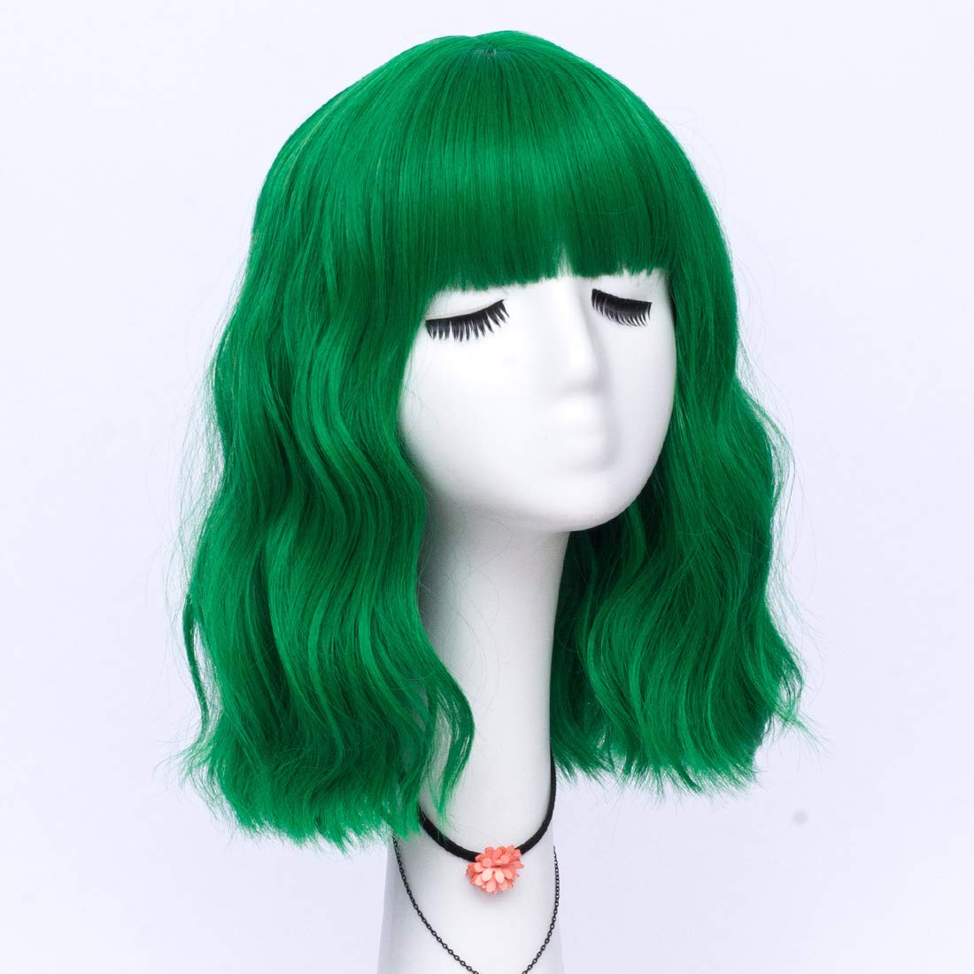 LABEAUTÉ Green Wig Short Bob Wavy Wig with Air Bangs for Women, St.Patrick's Day Wig Heat Resistance Shoulder Length Curled Wigs for Daily Use, Cosplay and Theme Parties- 14inch, Mint Green