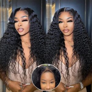 Jenniferita 26 Inch Wear and Go Glueless Wigs Pre Plucked 200% Density Deep Wave Lace Front Wigs Human Hair for Women Transparent Closure Wigs Natural Color