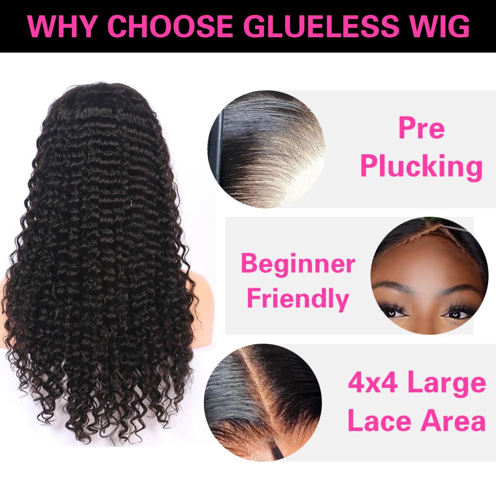 Jenniferita 26 Inch Wear and Go Glueless Wigs Pre Plucked 200% Density Deep Wave Lace Front Wigs Human Hair for Women Transparent Closure Wigs Natural Color