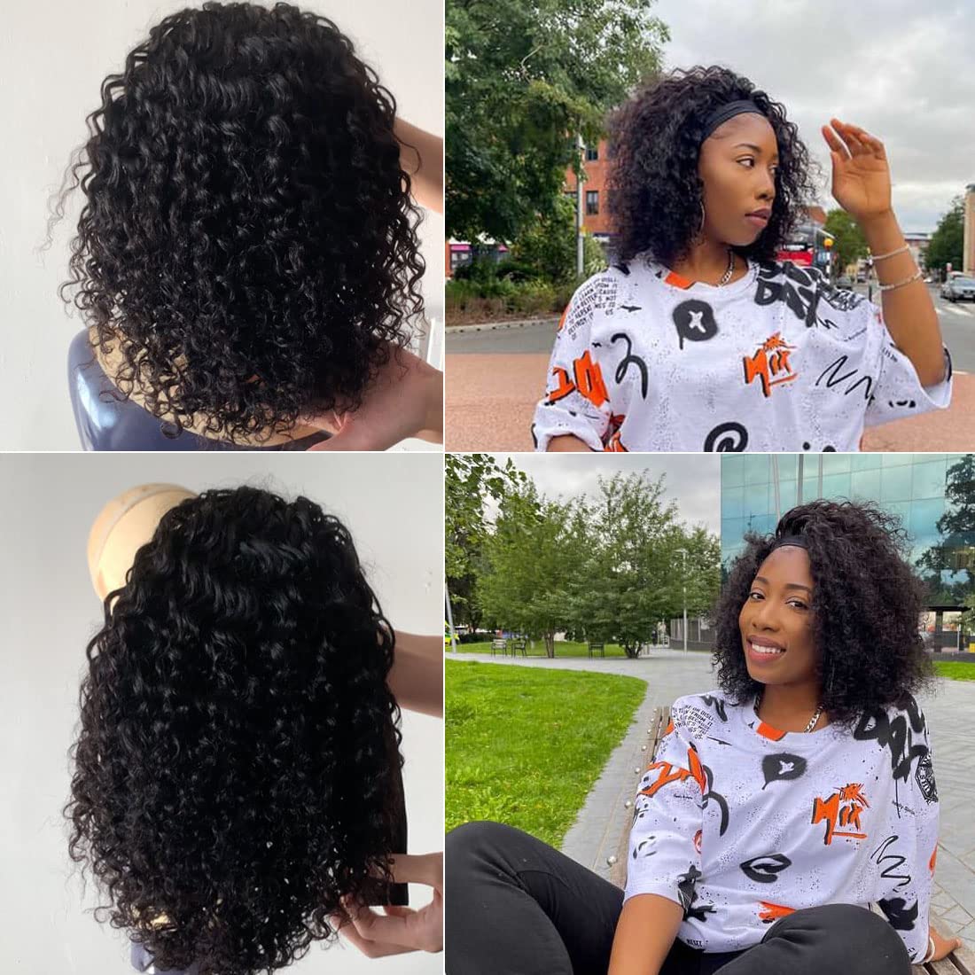 Punmasa Headband Wig Human Hair Deep Wave 12 Inches None Lace Front Wig Human Hair Machine Made Wigs 150% Density Headband Curly Human Hair Wigs for Women Natural Color Half Wigs