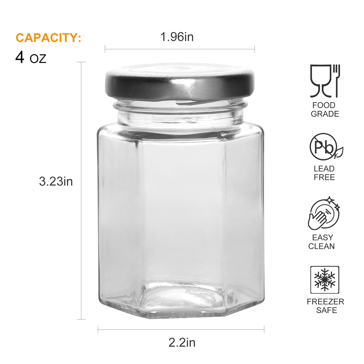 Accguan Hexagon Glass Jars, 30 Pcs 4 oz Glass Jars with Silver Lids, Mason Jars for Jam, Jelly, Honey, Gifts, Crafts, Wedding, Spice, Dry Goods and More