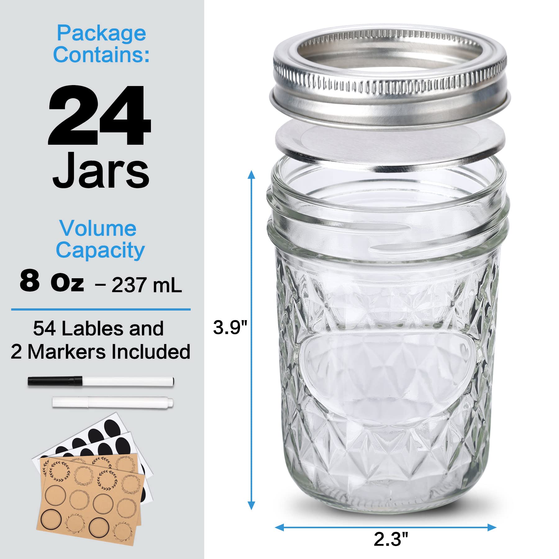 Cozcty 24 Pack 8 oz Mason Jars with Lids and Bands, Small Regular Mouth Glass Canning jars with Airtight Lids, Jelly Jars, Jam Jars, Ideal for Canning, Preserving, Honey, Wedding Favors, Shower Favors