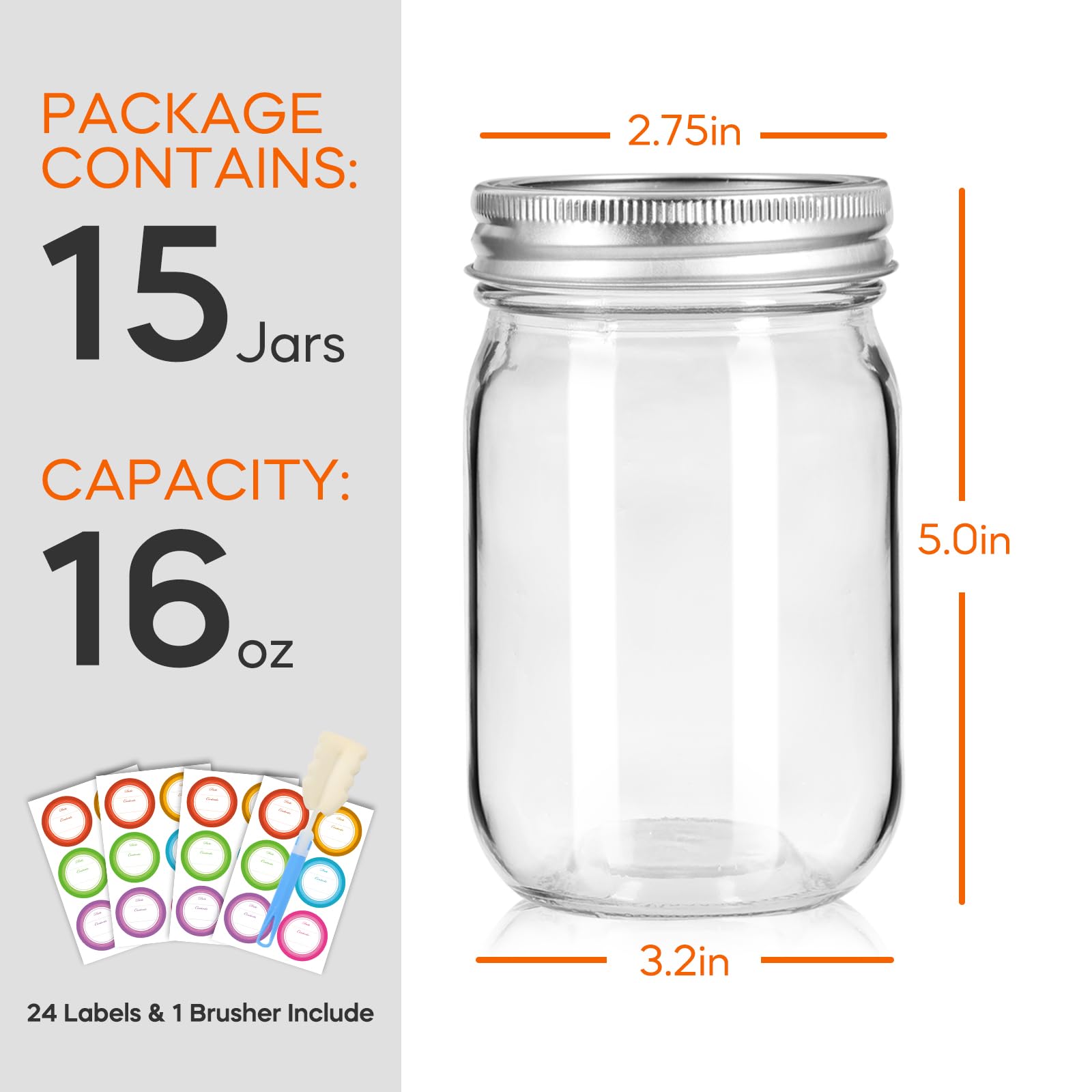 Mcupper Mason Jars 16 oz with Lids and Bands, 15 Pack Regular Mouth Canning Jars, Clear Glass Jars for Canning, Food Storage and Fermenting, Labels & Brusher Included - Microwave & Dishwasher Safe