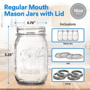 Regular Mouth Mason Jars 16 oz. (12 Pack) - Pint Size Jars with Airtight Lids and Bands for Canning, Fermenting, Pickling, Meal Prep, or DIY Decors and Projects Bundled with Jar Opener