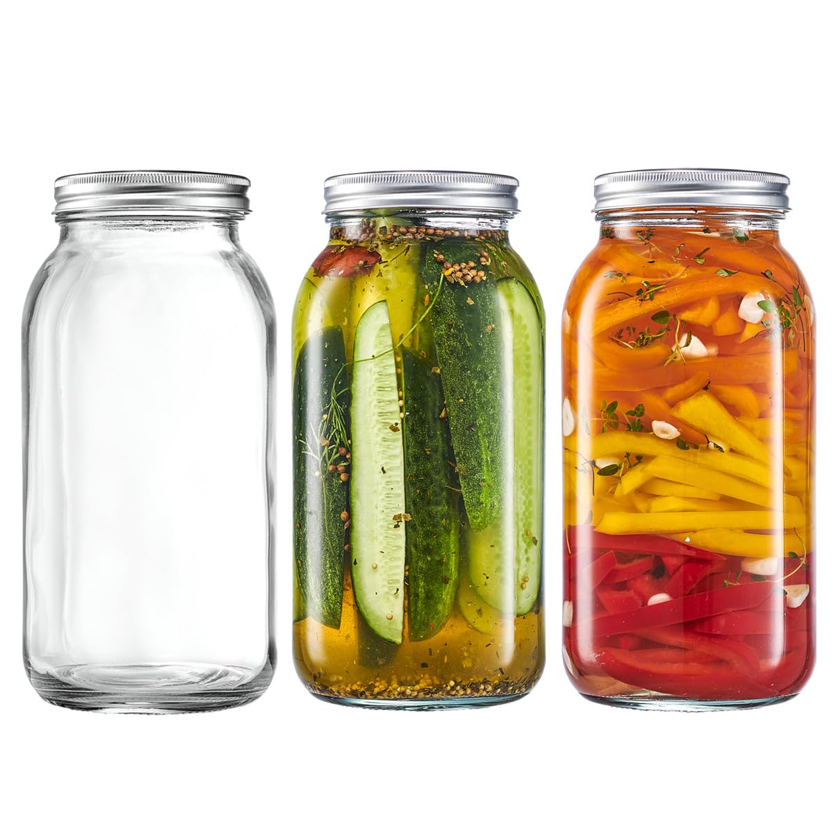 GLING [3 Count 64 oz. Wide-Mouth Glass Mason Jars with Metal Airtight Lids and Bands 2 Quart Large For Preserving, & Meal Prep