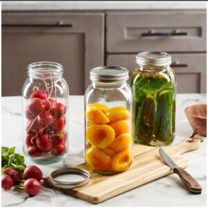 GLING [3 Count 64 oz. Wide-Mouth Glass Mason Jars with Metal Airtight Lids and Bands 2 Quart Large For Preserving, & Meal Prep