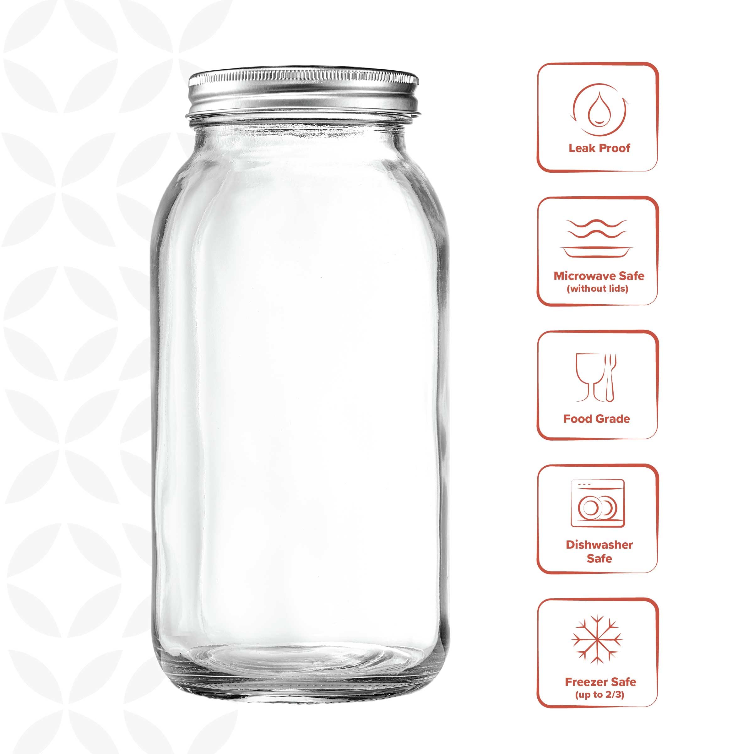 GLING [3 Count 64 oz. Wide-Mouth Glass Mason Jars with Metal Airtight Lids and Bands 2 Quart Large For Preserving, & Meal Prep