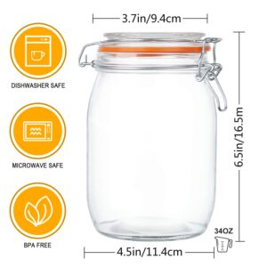 Encheng Glass Jars 32oz,Airtight Glass Food Storage Jar with Clamp Lid,1000ml Rounded Airtight Canister with Leak Proof Rubber Gasket,Clear Glass Kitchen Jars for Dry Food,Cereal,Beans,6 Pack