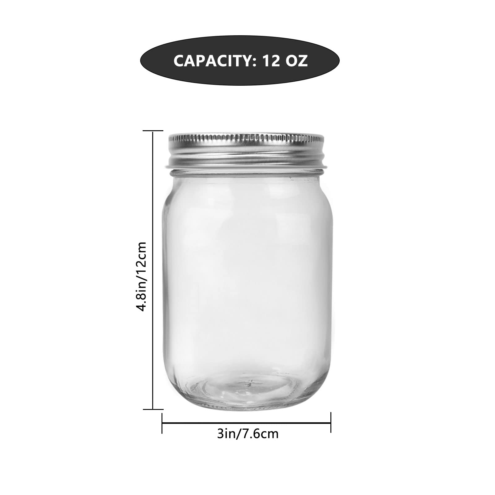 20 Pack Glass Mason Jars, 12 oz Clear Glass Jars with Regular Mouth and Silver Metal lids, Canning Jars for Food Storage, Vegetables and Dry Food, Includes 30 Black Labels