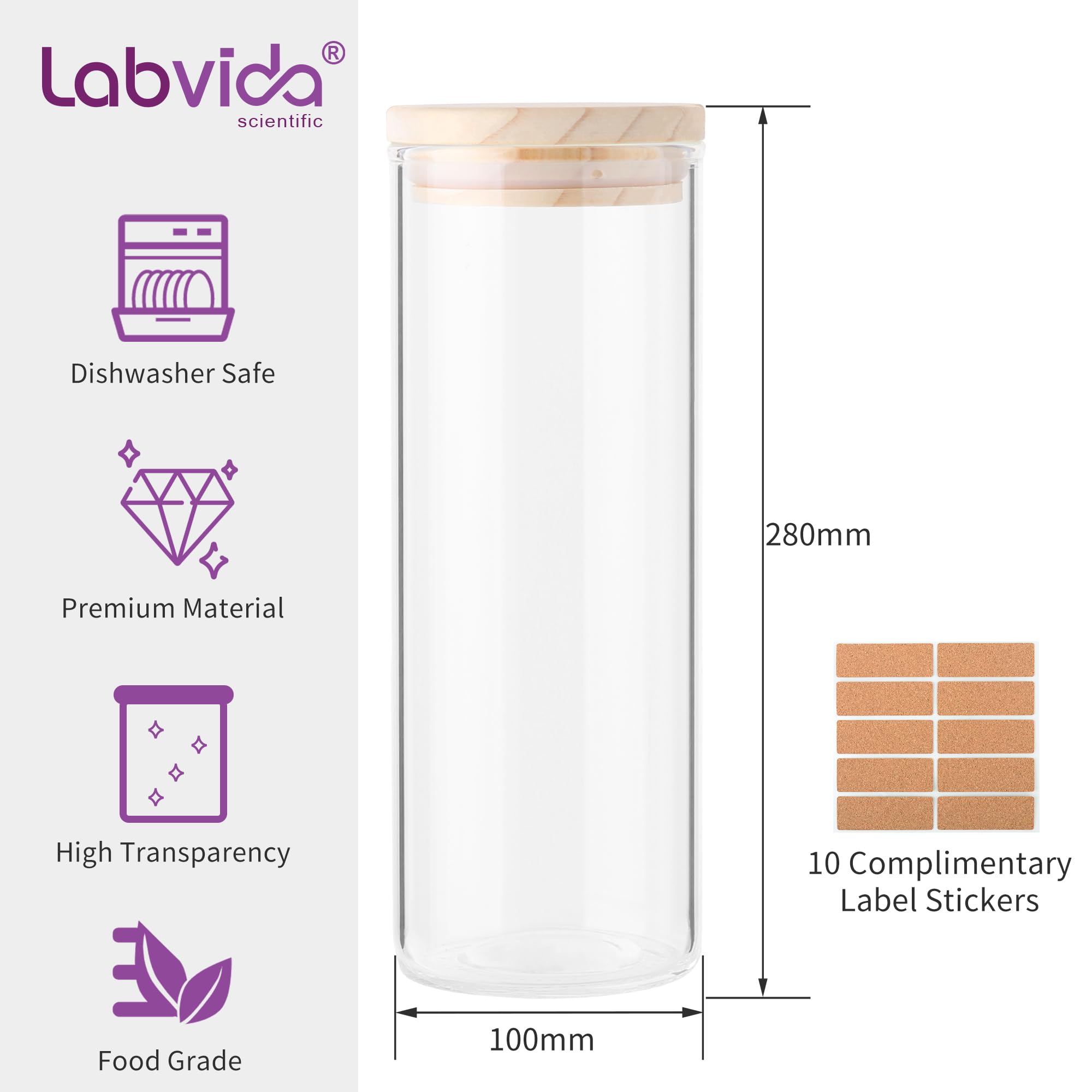 Labvida Glass Food Storage Jars 62.6oz-2pcs Food Containers with Airtight Pine Wooden Lids for Pasta, Cookies, Nuts, Coffee Beans, Cereal, Glass Canisters for Kitchen, Pantry,LVAG005