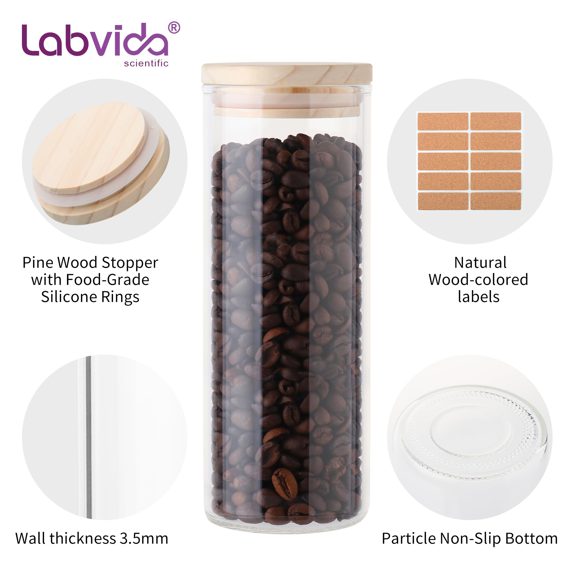 Labvida Glass Food Storage Jars 62.6oz-2pcs Food Containers with Airtight Pine Wooden Lids for Pasta, Cookies, Nuts, Coffee Beans, Cereal, Glass Canisters for Kitchen, Pantry,LVAG005