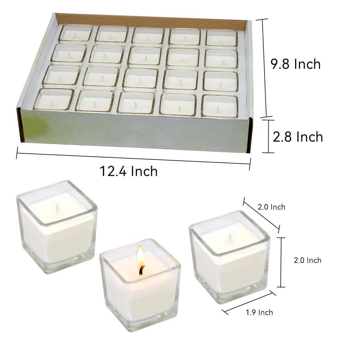 Kingyo 20 Pack White Unscented Votive Candles in Clear Square Glass Jar - 10 Hour Burn Time - Perfect for Wedding Receptions, Christmas, Party Favors & More