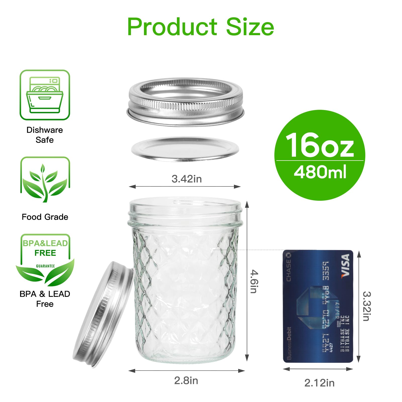 BIGIVACA Wide Mouth Mason Jars 16 oz,6 Pack Glass Canning Jars with Airtight Lids.480ml Mason Glass Jars with Lids for Overnight Oats,Jam,Yogurt,Jelly