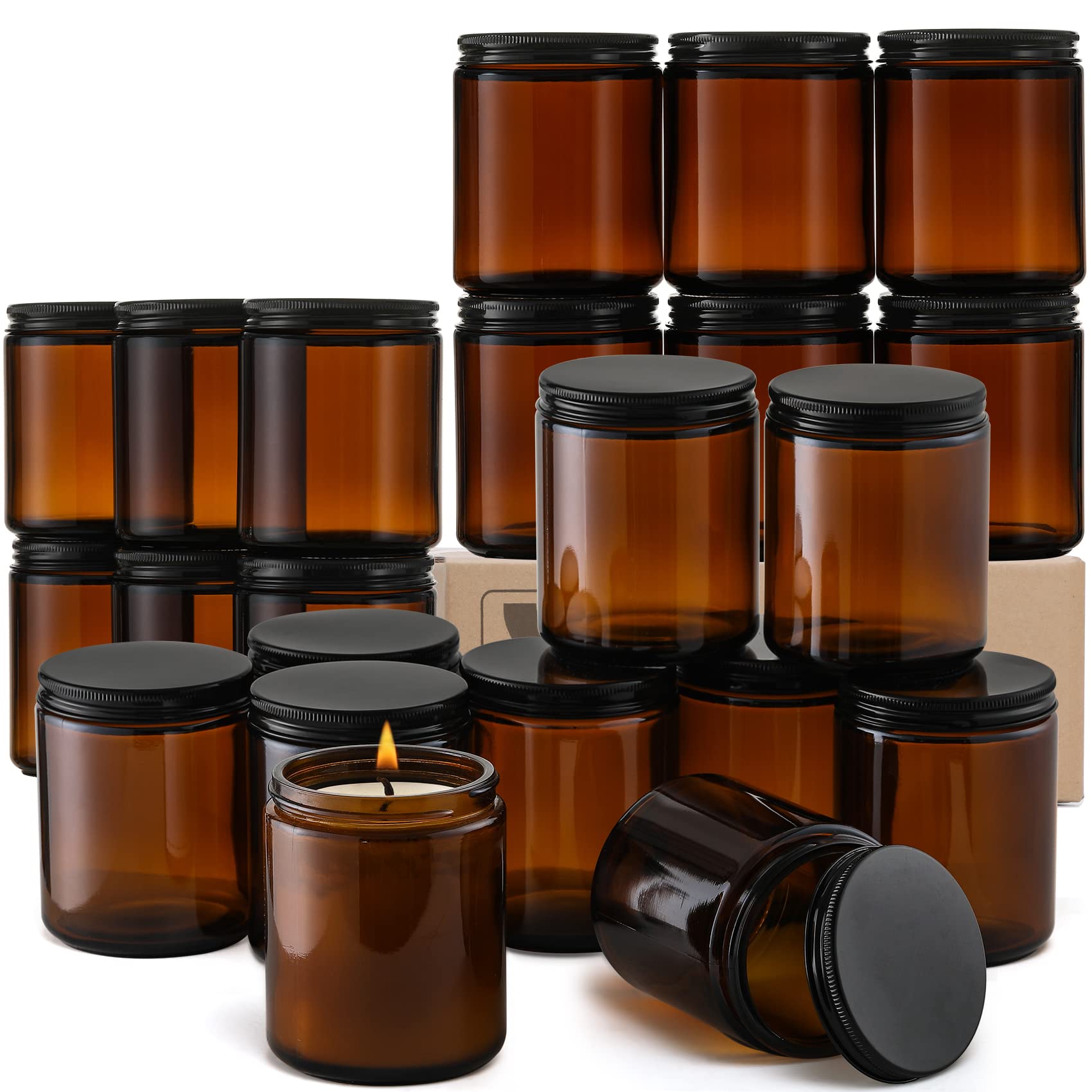 24 Pack, 8 OZ Thick Amber Round Glass Jars with Black Metal Lids - Empty Candle Making Jar, Food Storage Containers, Canning / Mason Jar For Spice, Powder, Liquid, Sample - Leakproof & Dishwasher Safe