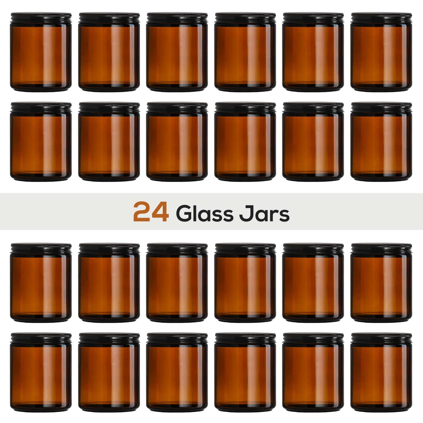 24 Pack, 8 OZ Thick Amber Round Glass Jars with Black Metal Lids - Empty Candle Making Jar, Food Storage Containers, Canning / Mason Jar For Spice, Powder, Liquid, Sample - Leakproof & Dishwasher Safe