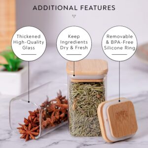 Laramaid 9oz 12Packs Glass Jars Set with Minimalist Spice Labels, Square Spice Jars with Bamboo Lids and White Vinyl Customized Sticker Labels, Food Storage Container Canisters