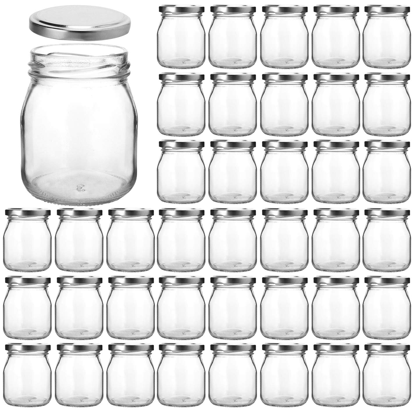 KAMOTA Glass Jars, 40 PACK 4 oz Clear Yogurt Jars With Silver Lids, Glass Pudding Jars Yogurt Jars Ideal for Jam, Honey, Wedding Favors, Shower Favors(150ml)