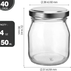 KAMOTA Glass Jars, 40 PACK 4 oz Clear Yogurt Jars With Silver Lids, Glass Pudding Jars Yogurt Jars Ideal for Jam, Honey, Wedding Favors, Shower Favors(150ml)