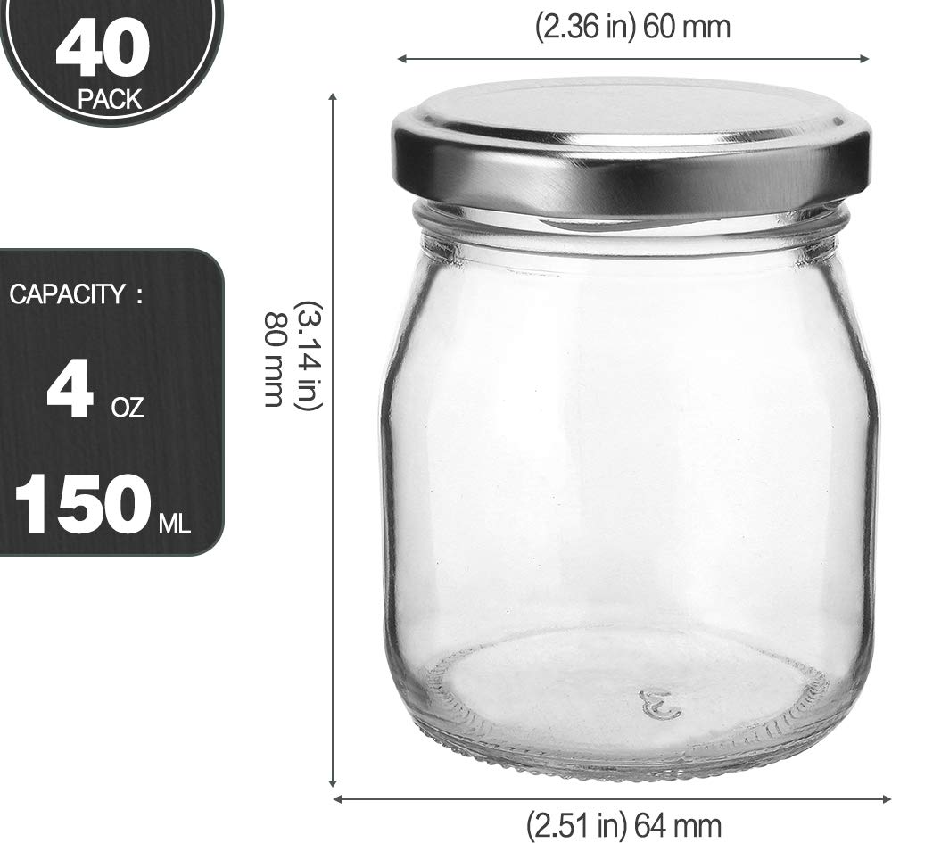 KAMOTA Glass Jars, 40 PACK 4 oz Clear Yogurt Jars With Silver Lids, Glass Pudding Jars Yogurt Jars Ideal for Jam, Honey, Wedding Favors, Shower Favors(150ml)