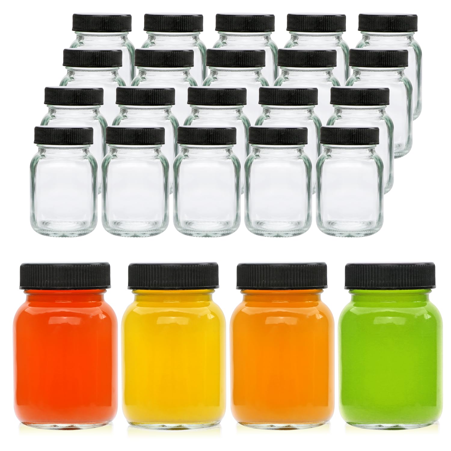 QAPPDA 2oz Mason Jars Set of 48,Glass Spice Jars with Black Lids,Small Mason Juice Bottles for Ginger Shots,Honey,Jam,Party Favor