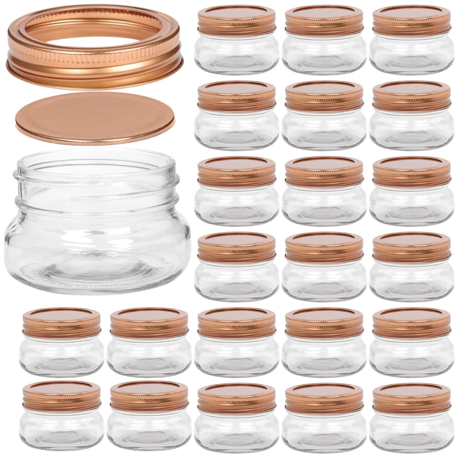 WILLDAN Set of 24-4OZ Mason Jars With Regular Lids Rose Gold Edition - Ideal for Body Scrubs, Lotions, Jam, Honey, Wedding Favors, Shower Favors, Baby Foods, 30 Whiteboard Labels Included