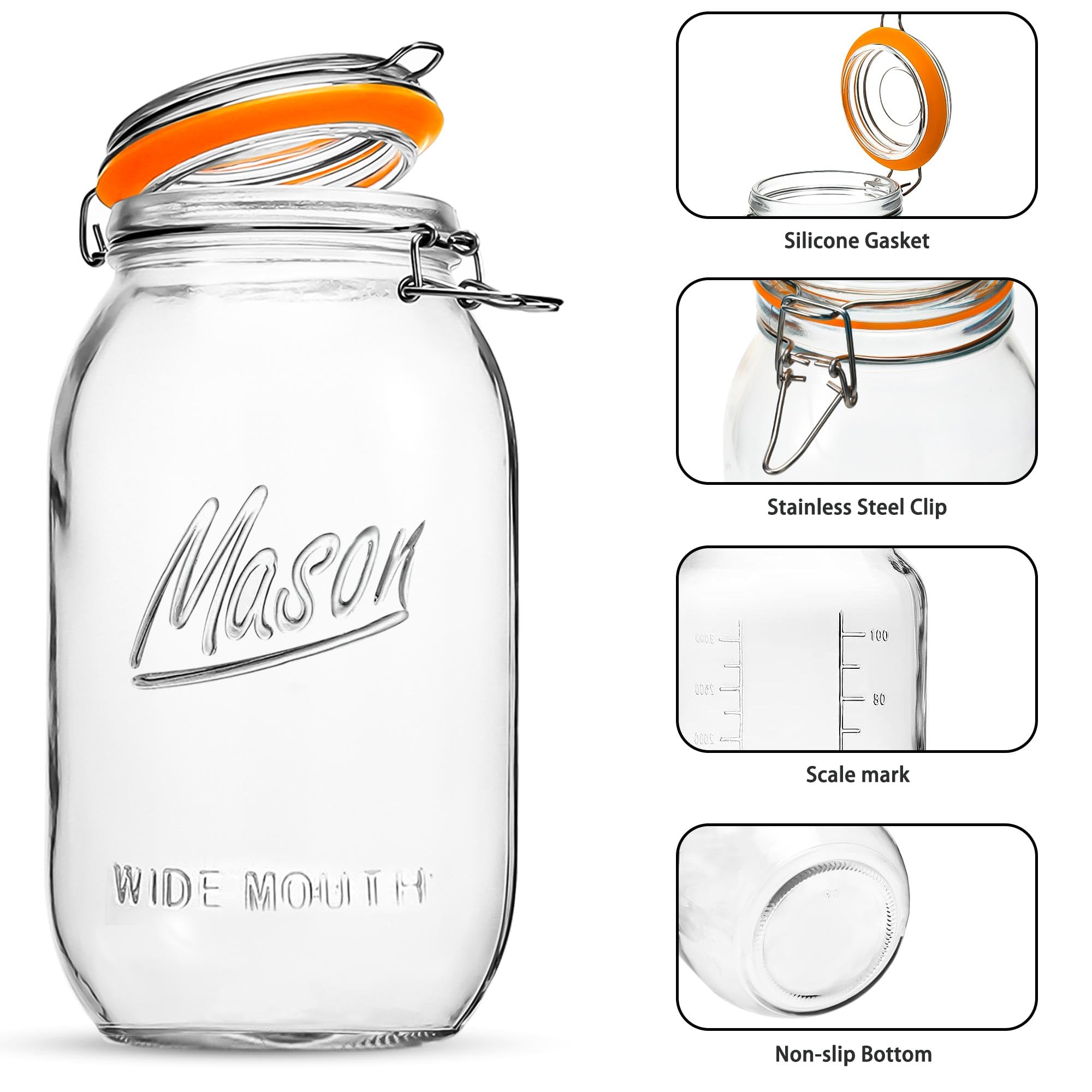 Wide Mouth Mason Jars 64 oz 3 Pack Half Gallon Glass Jar with Airtight Lids, Large Mason Jar with Scale Mark Food Storage Canning Jars for Pickling Flour Sugar Pasta Oats Cereal