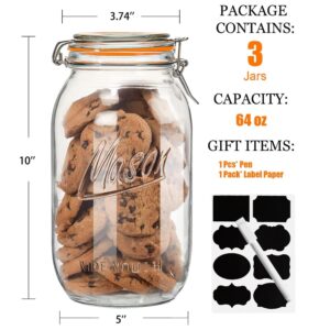 Wide Mouth Mason Jars 64 oz 3 Pack Half Gallon Glass Jar with Airtight Lids, Large Mason Jar with Scale Mark Food Storage Canning Jars for Pickling Flour Sugar Pasta Oats Cereal